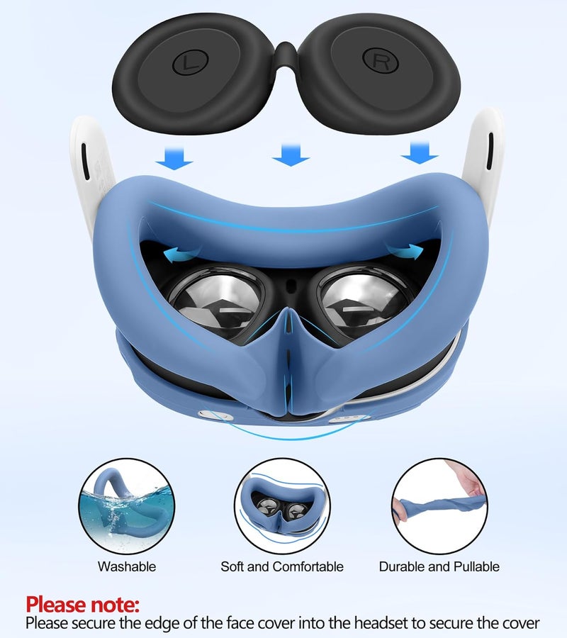 YRXVW مجموعة أغطية سيليكون متوافقة مع ميتا أوكولوس/كويست 3، ملحقات VR، غطاء واقي يشمل مقابض التحكم، غطاء أمامي لسماعة الرأس وغطاء للوجه، غير متوافق مع كويست 3S (أزرق ضبابي) - Image 5